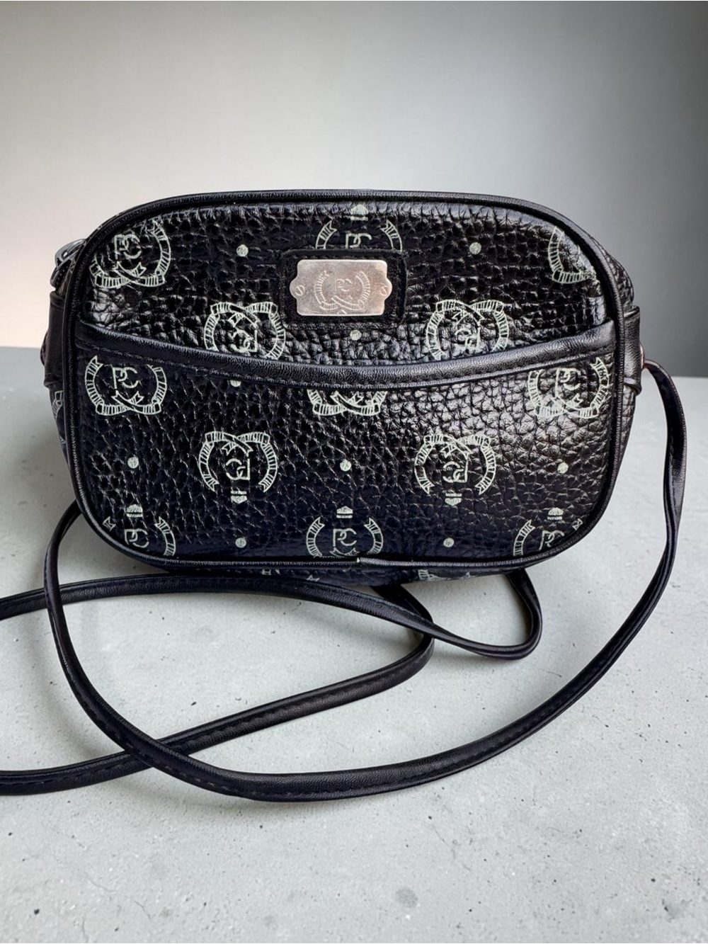 Pierre Cardin Black Monogram Camera Crossbody Bag. Rehab Bag.